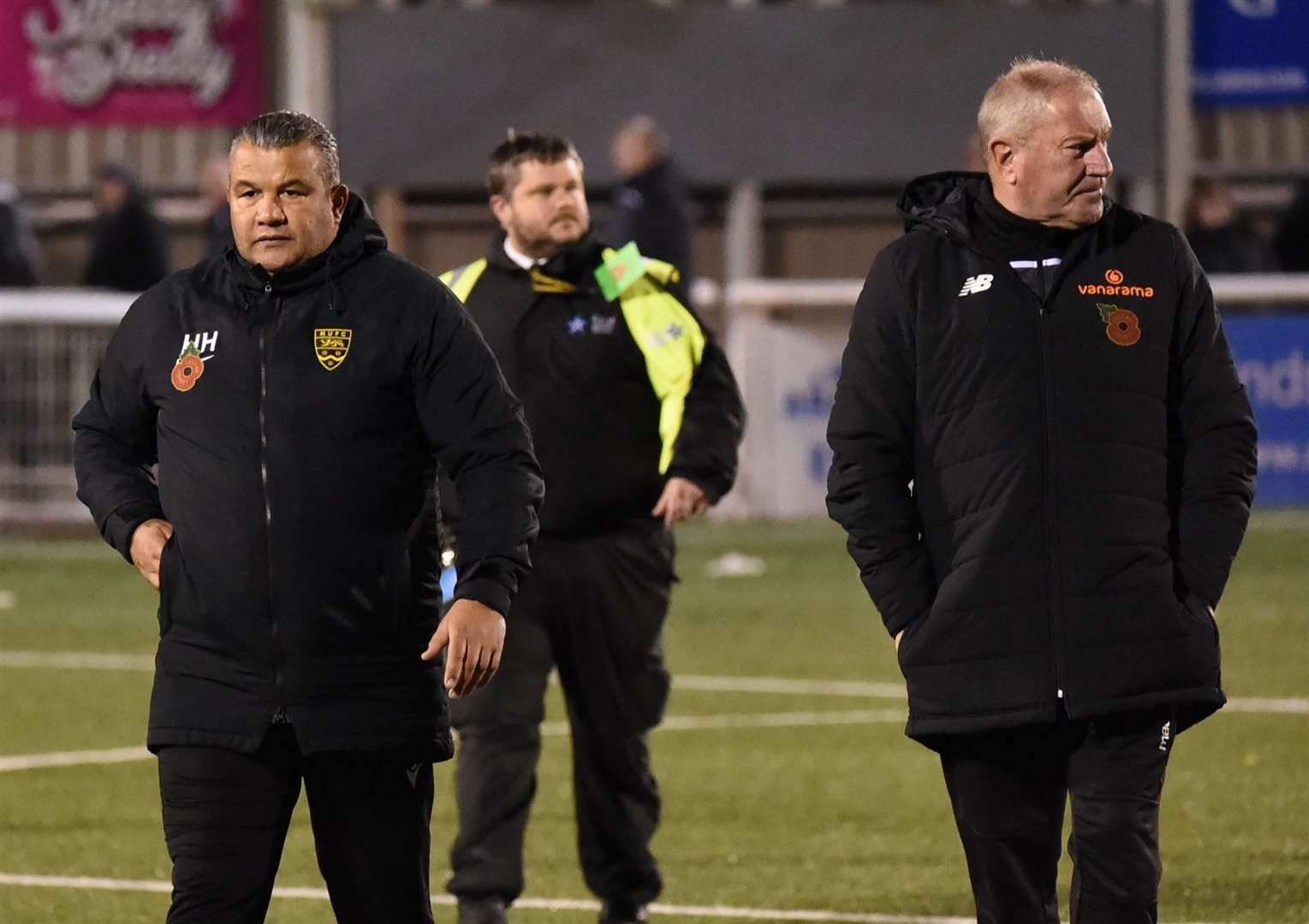 Maidstone manager Hakan Hayrettin and No.2 Terry Harris following the 1-0 defeat by Slough Picture: Steve Terrell