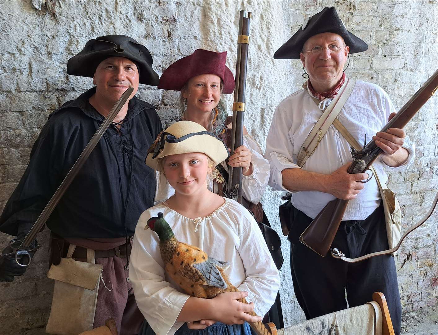 Members of the Day of Syn group at the Drop Redoubt Open Weekend. Pictured is Aelvie Bloomfield, 10, who played a child poacher. She is with Steve Friedrich, Simon Cole and Alison Bloomfield