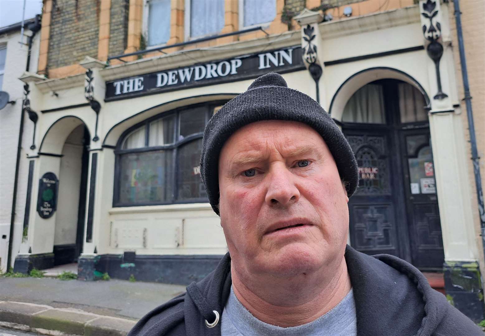 Neighbour Brian Williamson outside The Dewdrop Inn; he says traffic during the school run is “horrendous”