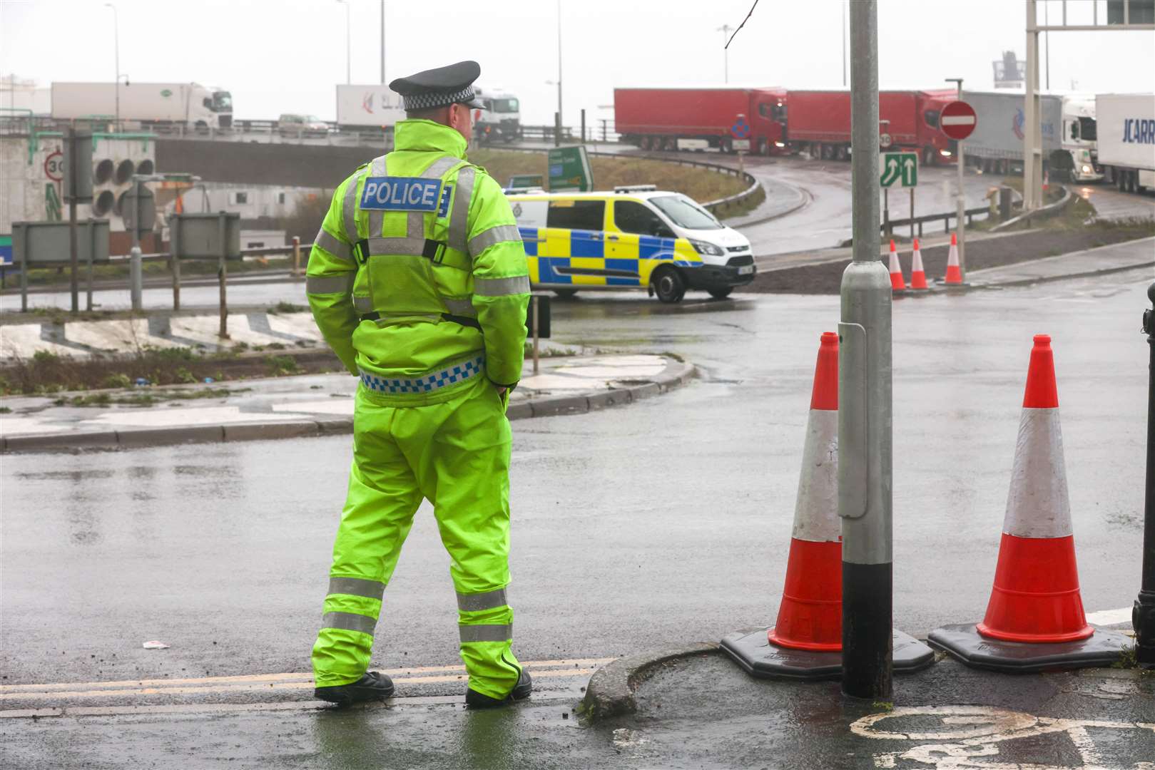 Police at the entrance to the Port of Dover, ready to manage traffic. Picture: UKNIP