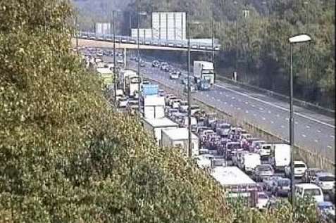 Tailbacks on the M20 following the coast-bound collision. Pic: Highways Agency/Crown Copyright 2014.