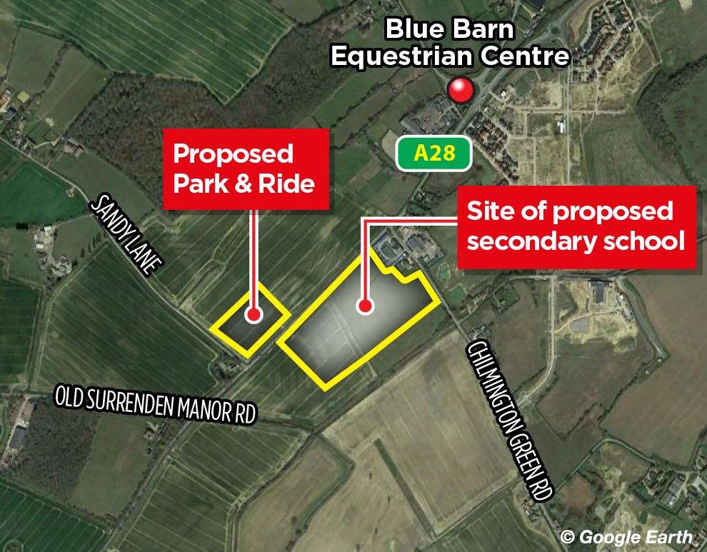 The school site is next to the A28; a park and ride was included on a map produced for a Chilmington Green Secondary School public consultation website, but that project is unlikely to be built