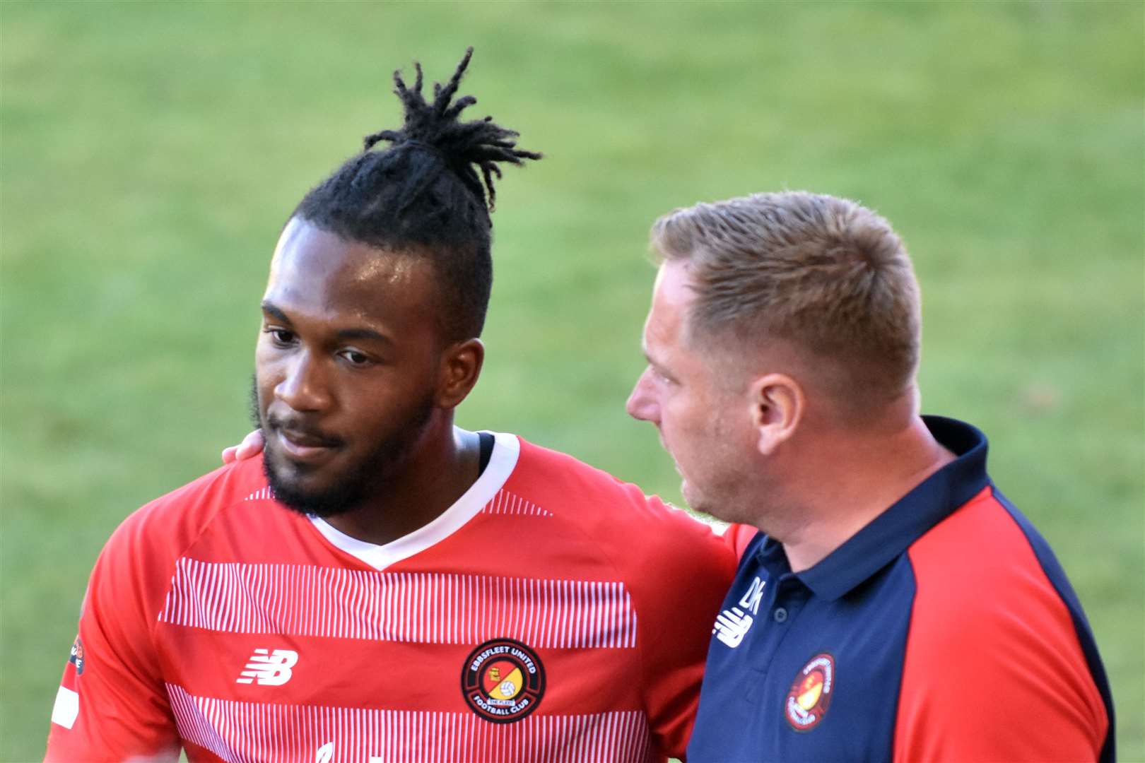 Striker Dominic Poleon, pictured with boss Dennis Kutrieb, says the manner of Ebbsfleet's defeats against Dartford was painful. Picture: Ed Miller/EUFC