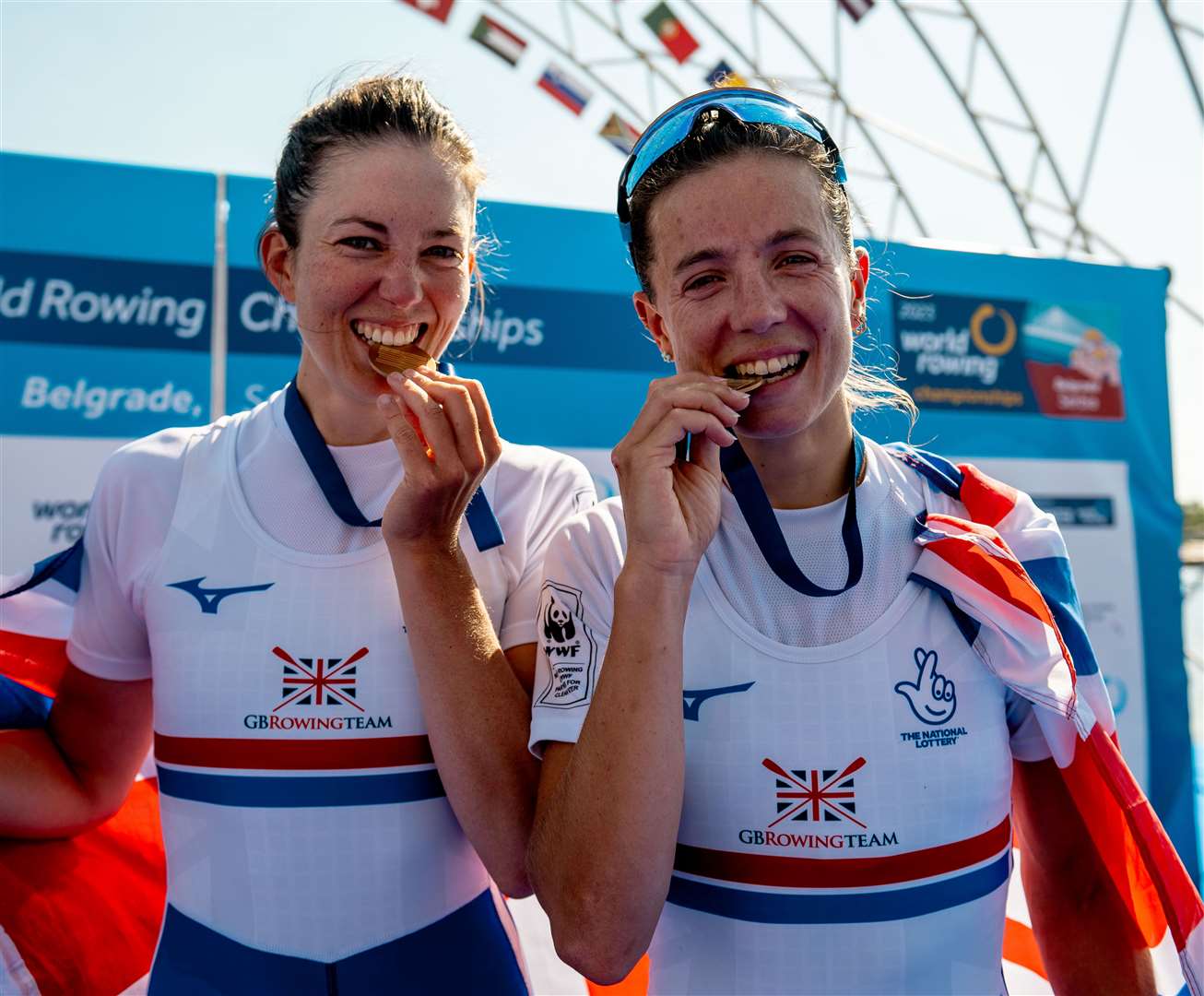 Emily Craig and Imogen Grant celebrate their latest World Championship success. Picture: Benedict Tuffnell