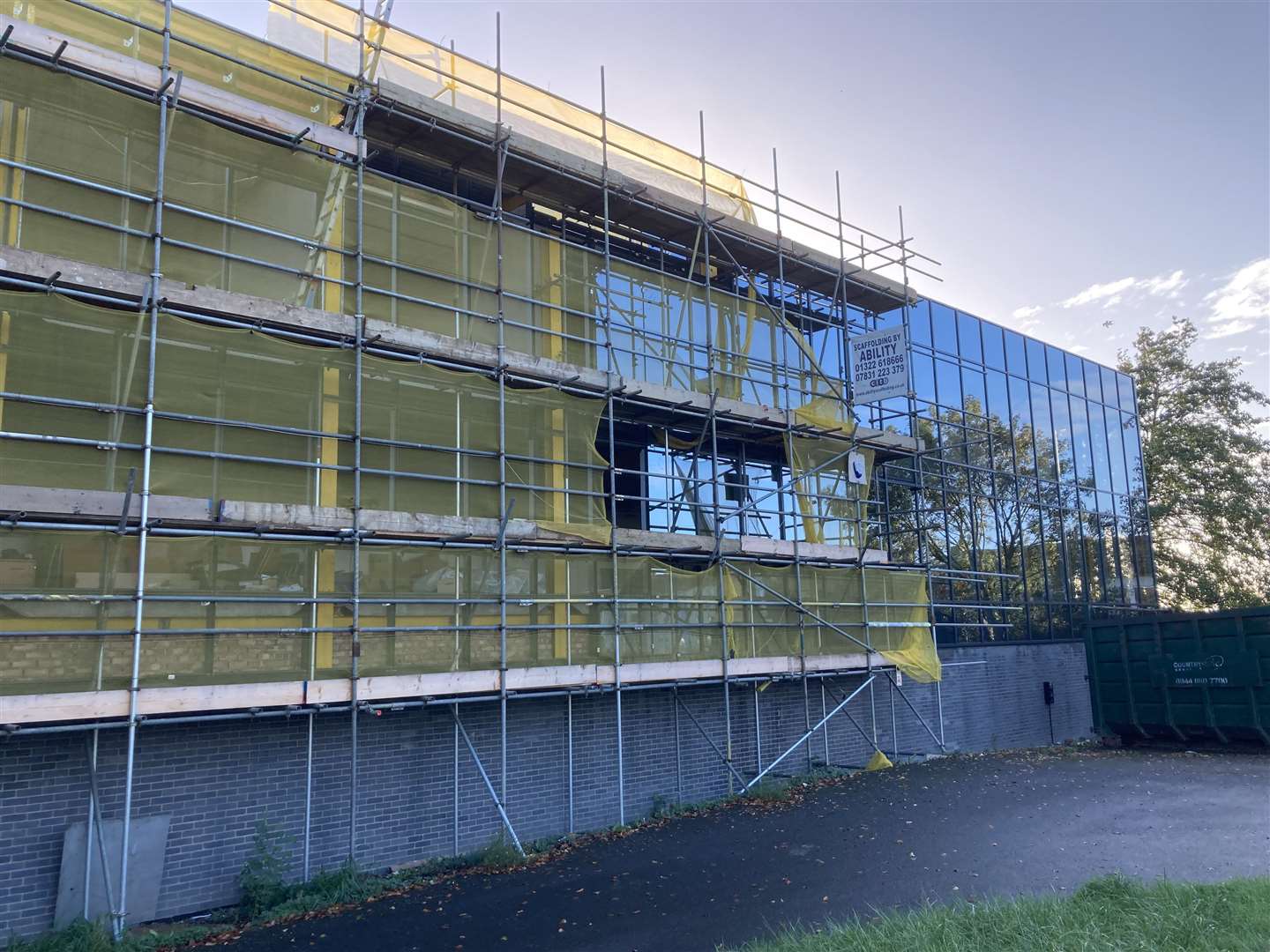 During: scaffolding covers Olympic Glass headquarters in Queenborough