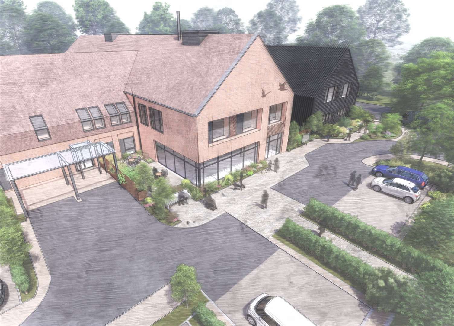 Sketches of the approved Pilgrims Hospice building which will be built on site