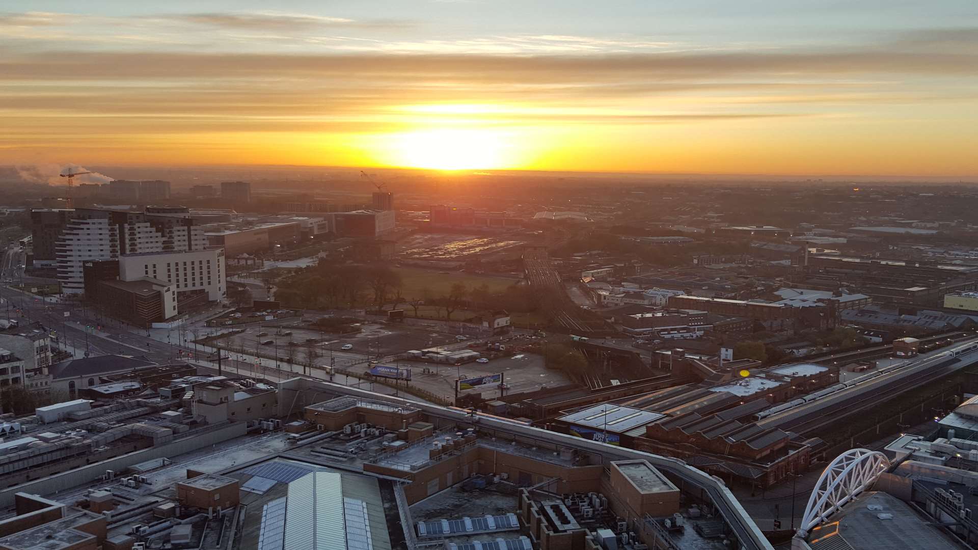 Sunrise from one of the Staying Cool Clubman apartments at the Rotunda, Birmingham