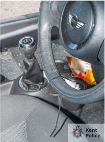 Cable ties were used to tie Summer’s hands to the steering wheel in the fake robbery. Picture: Kent Police
