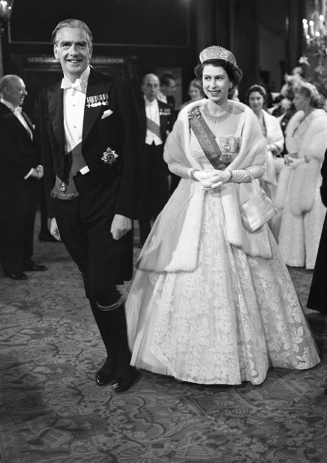 Sir Anthony Eden with the Queen at the Royal Opera House in Covent Garden in 1955 (PA)