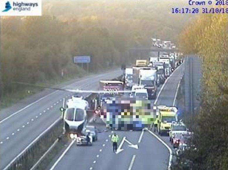 An air ambulance has landed on the M2 following the multi-vehicle crash. Picture: Highways England
