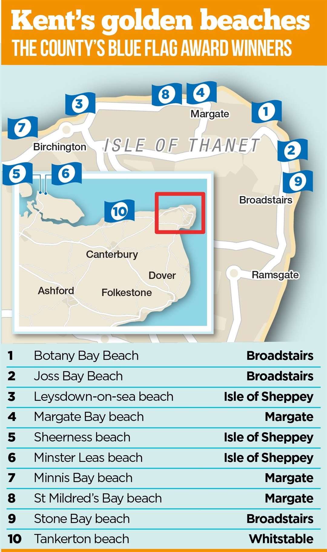 This map shows what beaches in Kent have received Blue Flag status in 2023