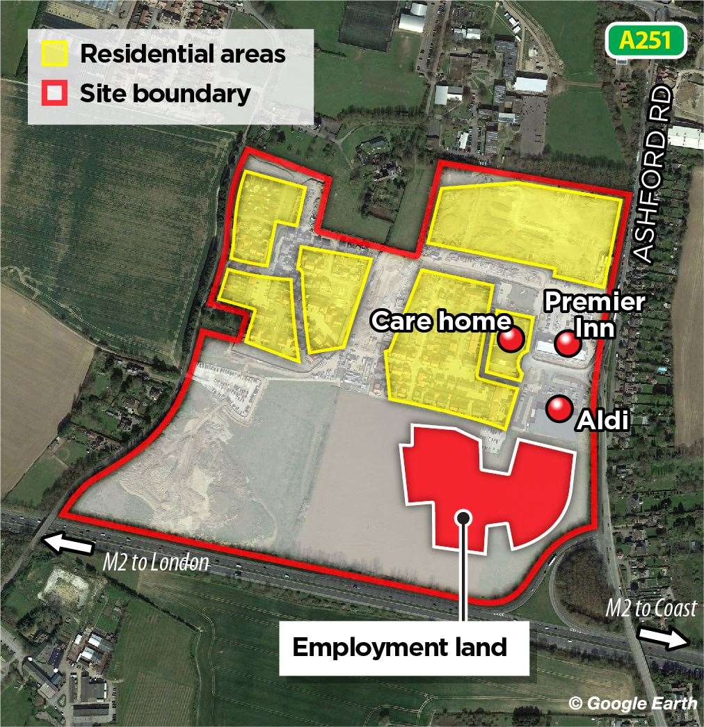 The Perry Court development in Faversham, with the employment land shown in red