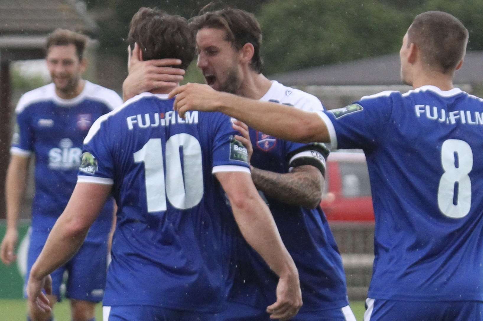 Margate celebrate one of Frannie Collin's goals at Worthing on Saturday. Picture: Don Walker