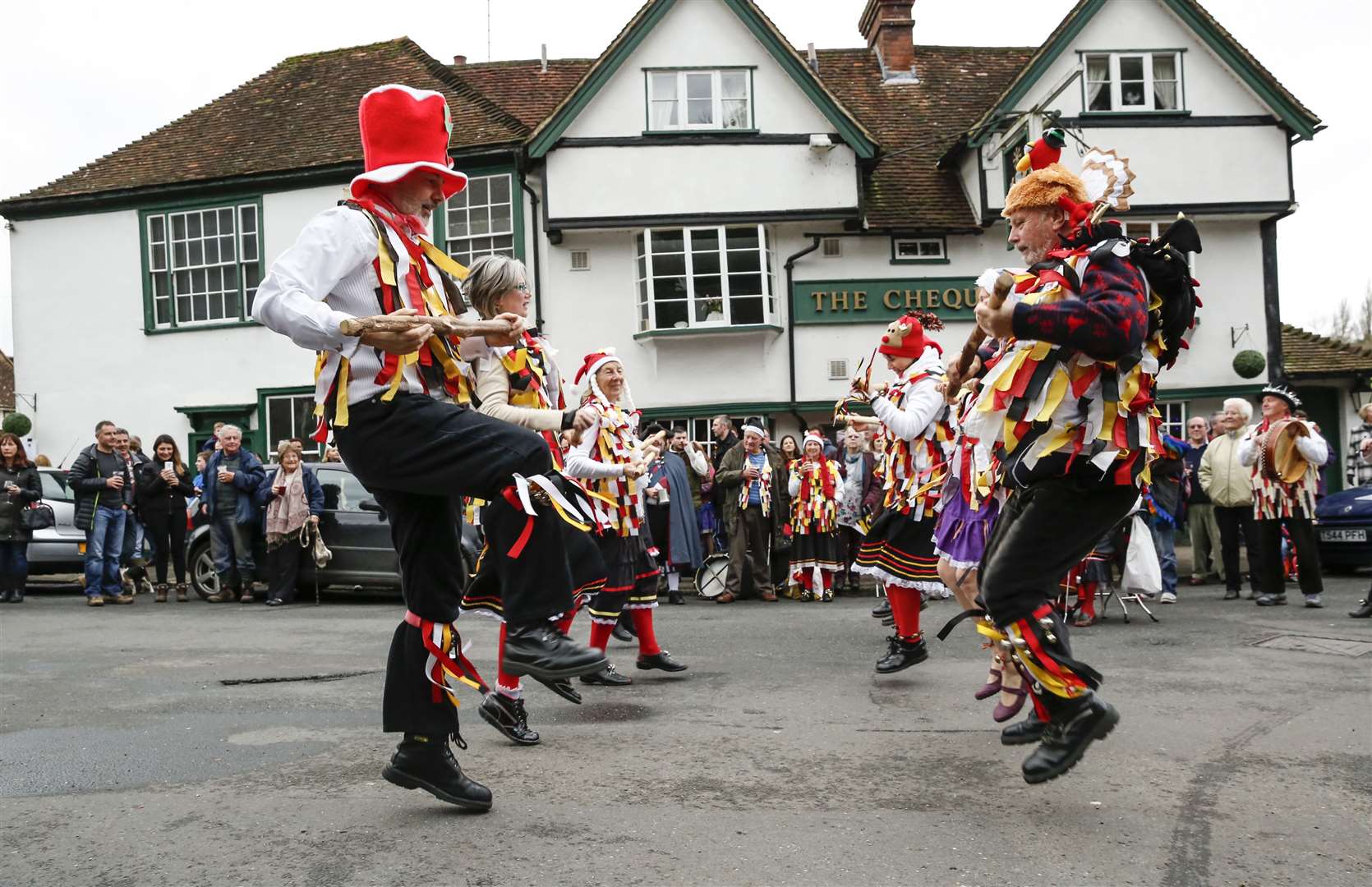 Boughton Monchelsea Morris Men dancing with Loose Women at The Chequers on Boxing Day 2015