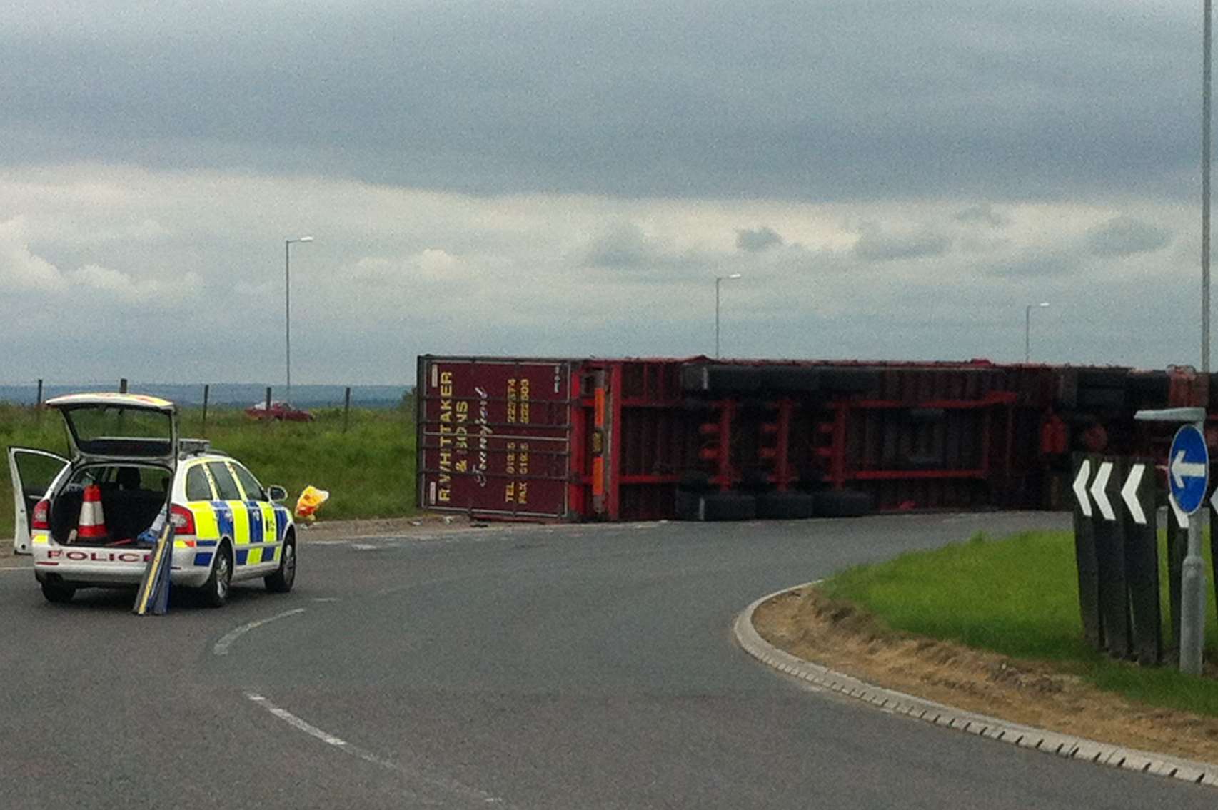 Overturned lorry at Cowstead Corner