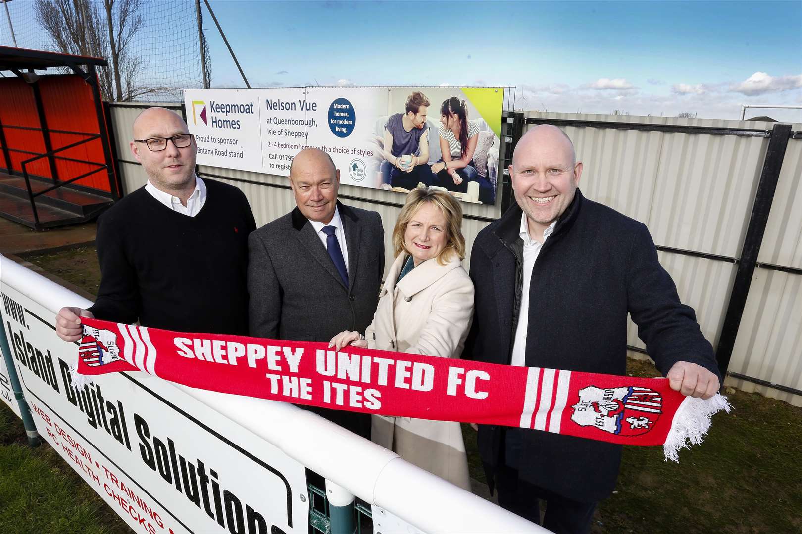 Matthew Smith, Chairman, Sheppey United FC; Lee Havill, Havill Funeral Services and Sheppey United's main sponsor; Janet Plant, Head of Sales, Keepmoat Homes and Paul Rogers, Commercial Director, Sheppey United FC. (24078081)