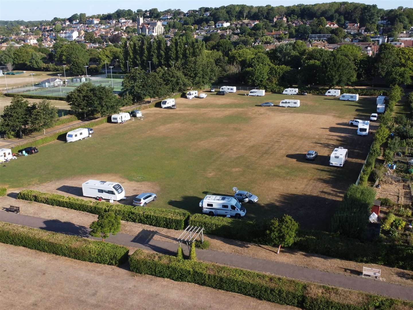 Travellers on an inner field at the South Road Recreation Fields, in Hythe in August 2022. Picture: Barry Goodwin.
