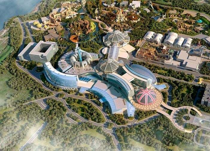 An aerial CGI image of what the London Resort on Swanscombe Peninsula will look like. Picture: LRHC