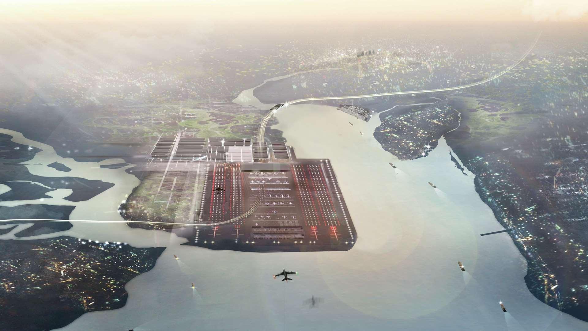 An aerial image of Lord Foster's proposed Thames Hub airport at Grain