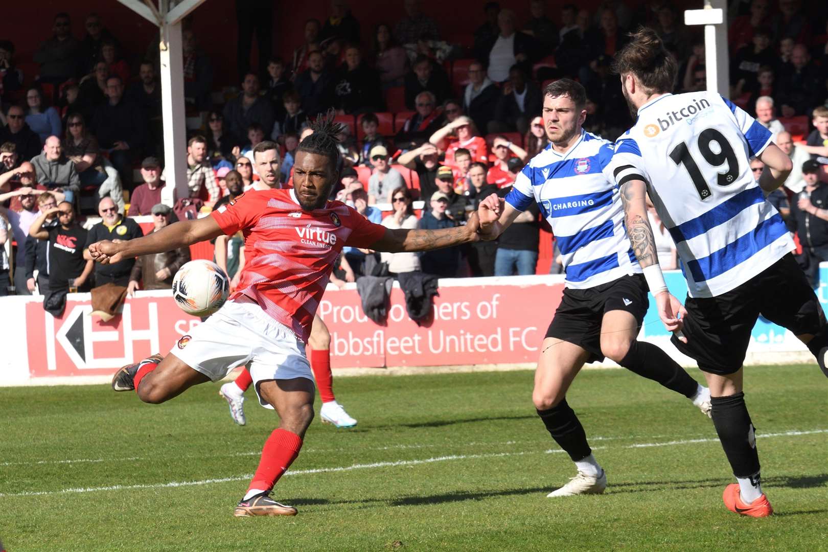 Ebbsfleet hat-trick hero Dominic Poleon in action against Oxford City on Good Friday. Picture: Simon Hildrew