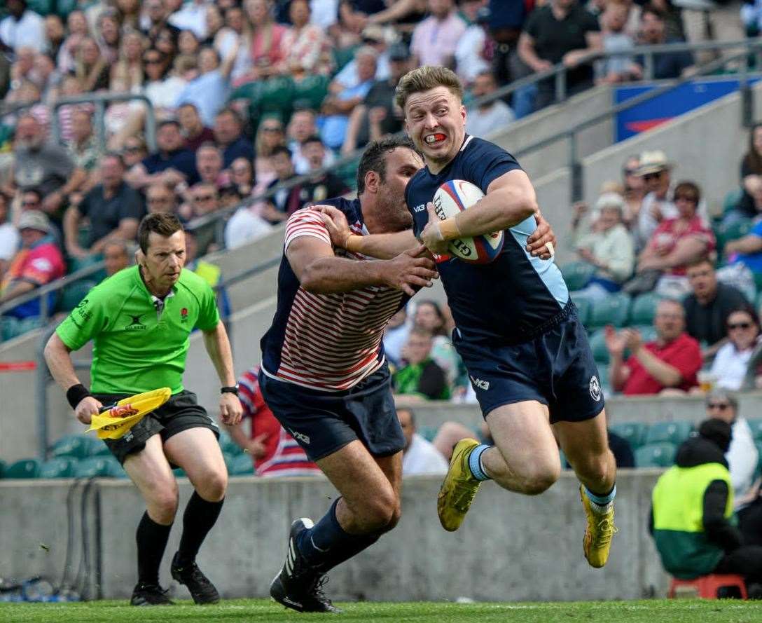 Winger Alfie Orris scores Kent’s first try in the Bill Beaumont County Championship Final. Picture: ICPhoto