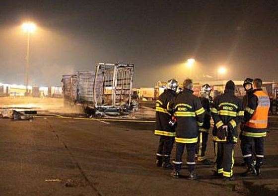 Picture from Kent_999s: Two migrants have reportedly been killed in a lorry fire
