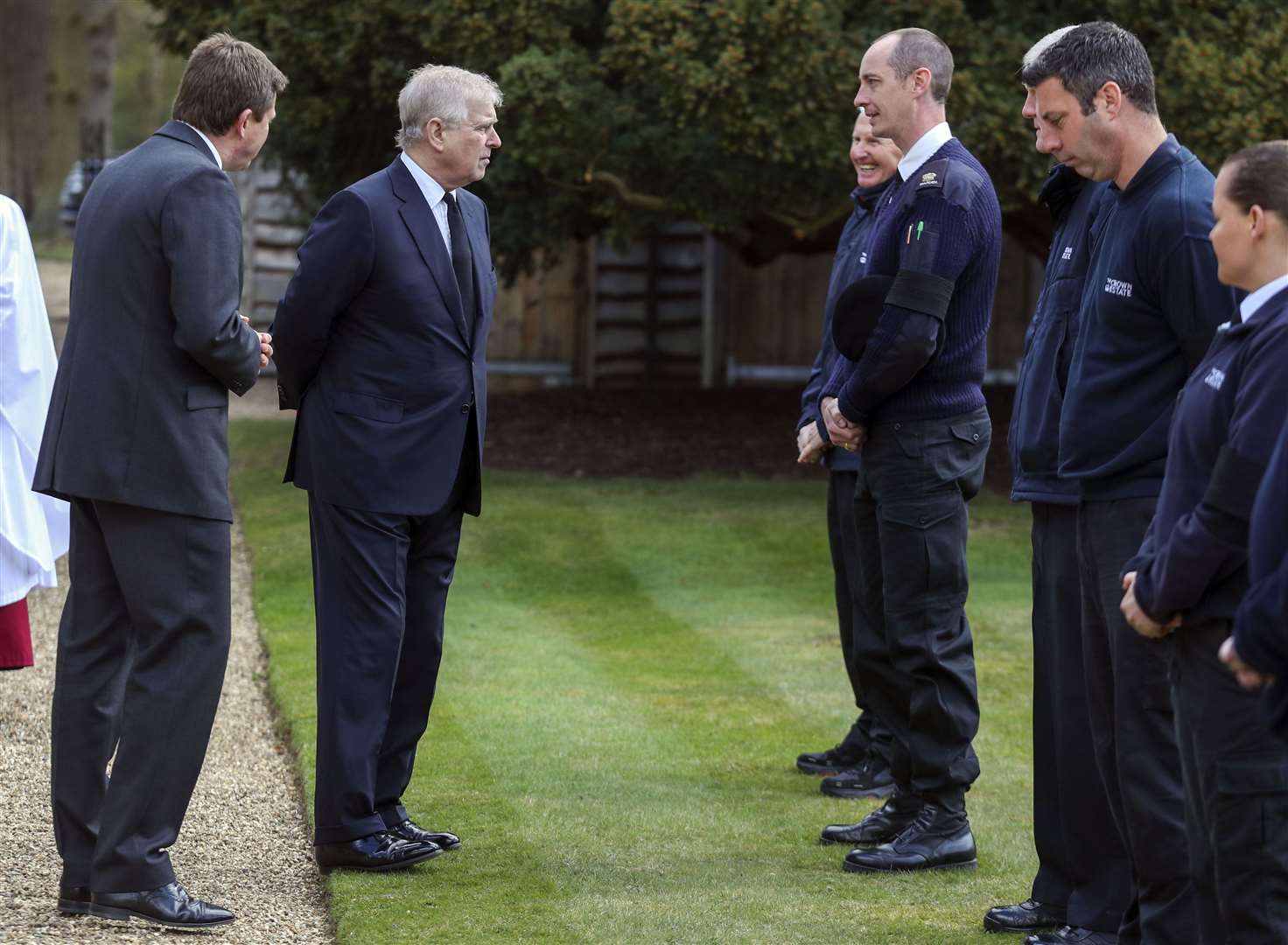 The Duke of York (second left) talks with Crown Estate staff at the Royal Chapel of All Saints at Royal Lodge, Windsor (Steve Parsons/PA)