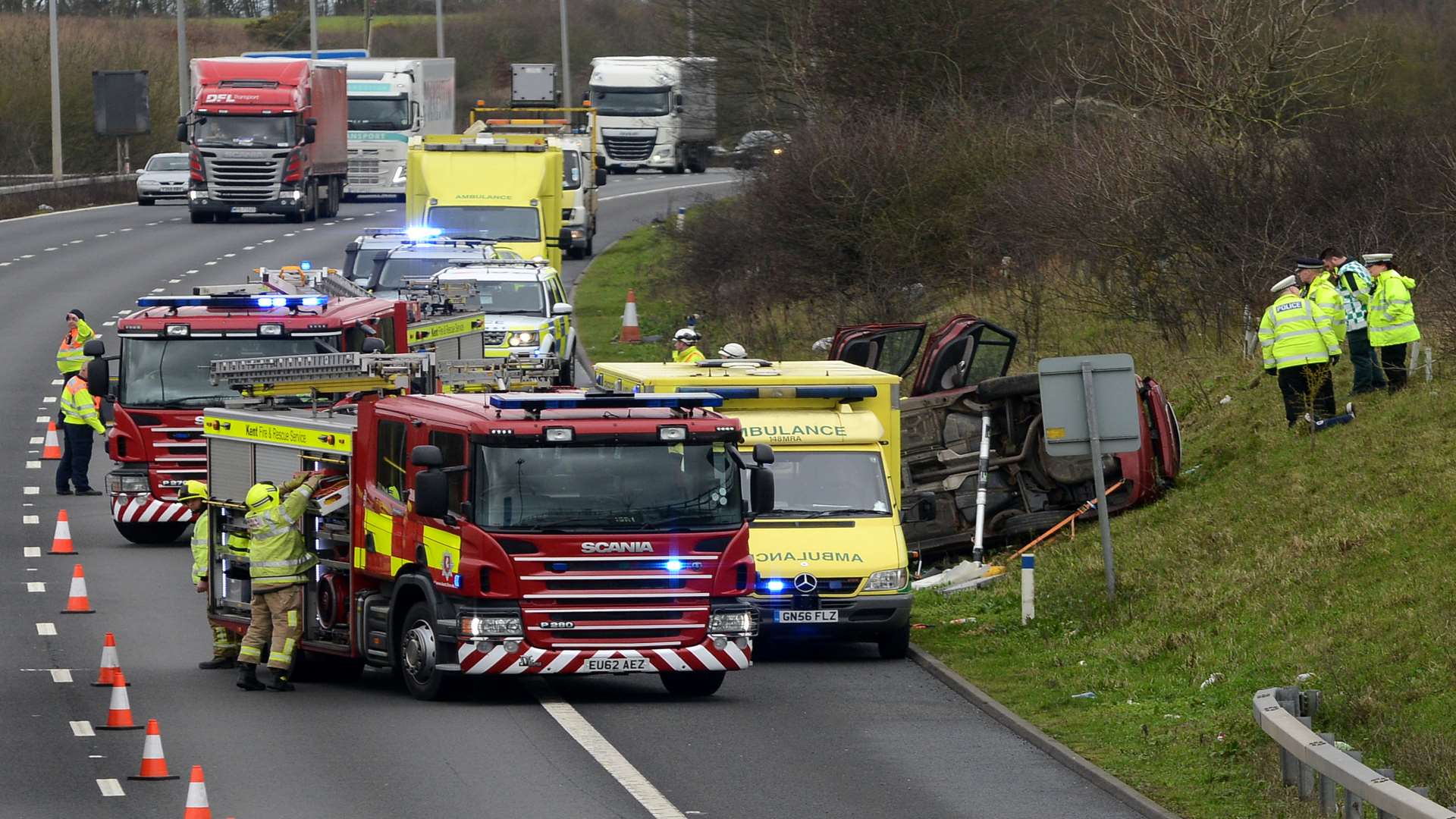 Emergency services at the scene of the accident of the coastbound M20 near Folkestone