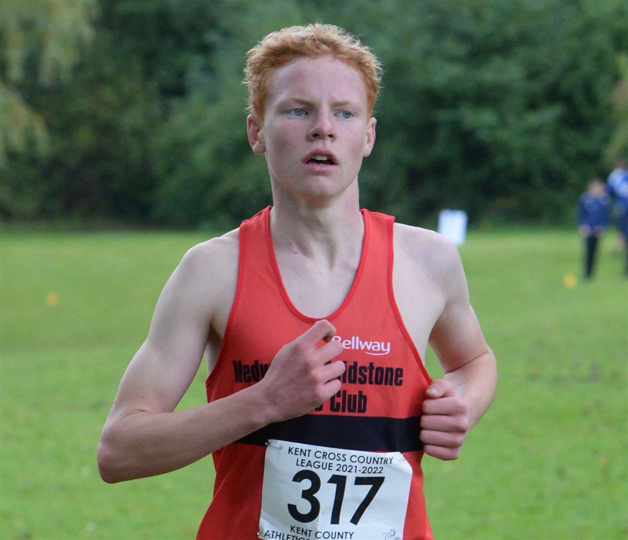 Alex Dack (No.317) of Medway & Maidstone set the pace to win the under-15 boys' race. Picture: Chris Davey (52348033)