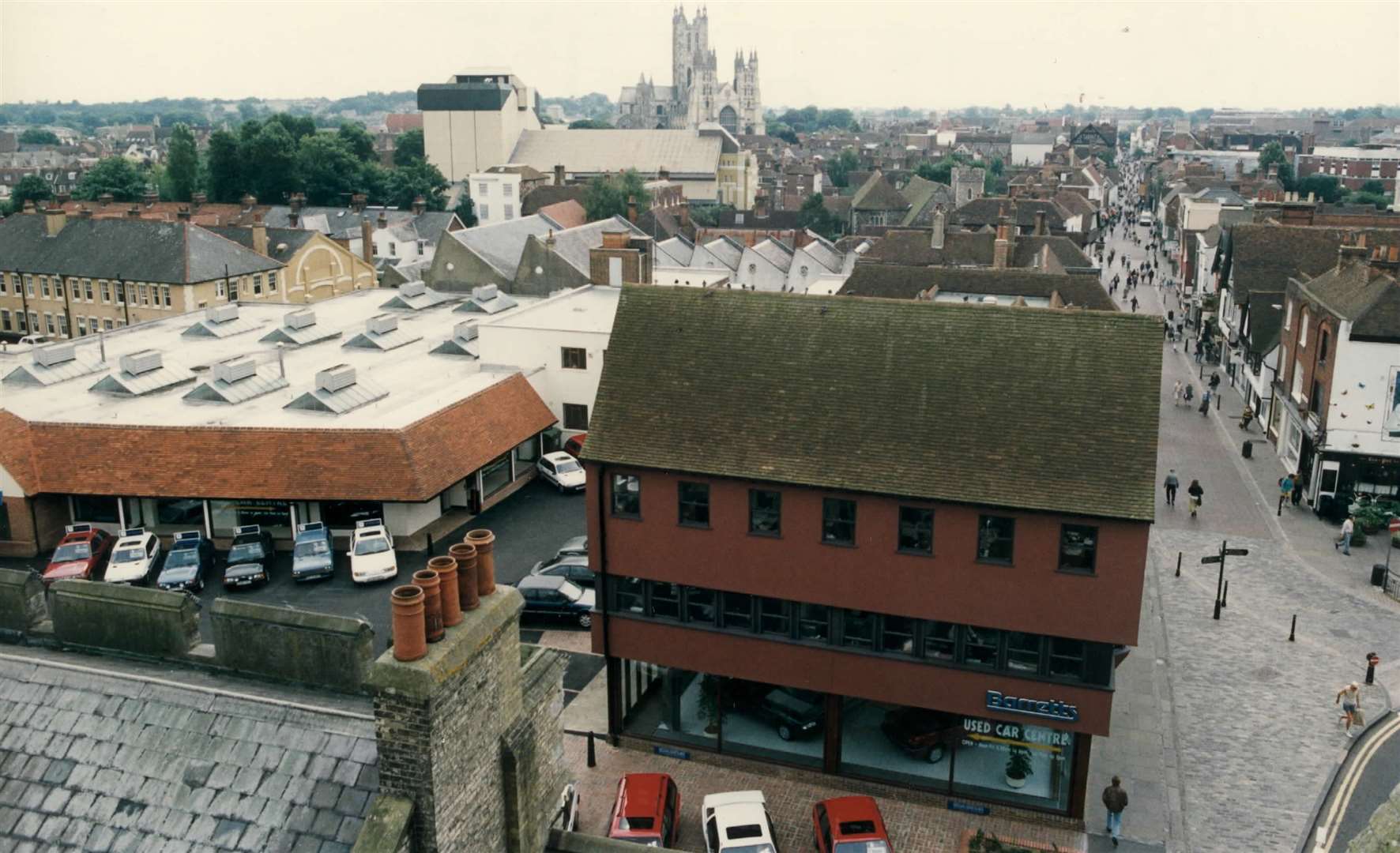 Taken from the top of Westgate Towers, Canterbury in 1992. Barretts showroom down below and the old Marlowe Theatre can be seen