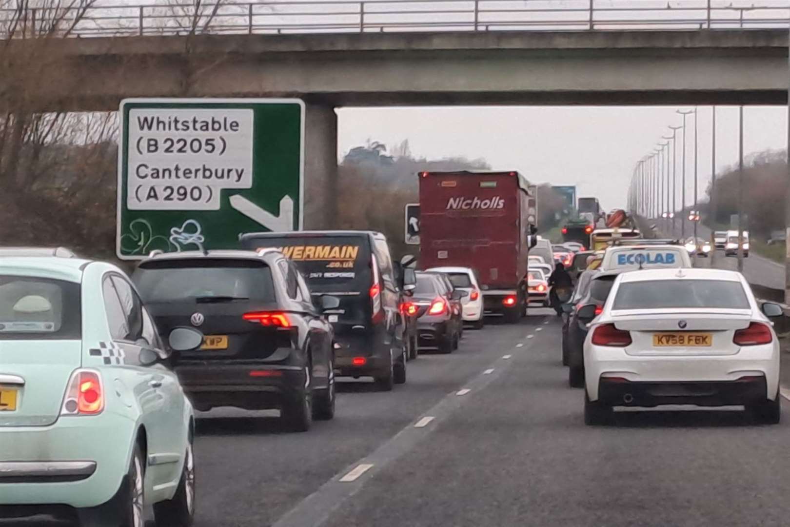 Traffic is stationary on the A229 southbound near Dargate, between Whitstable and Faversham
