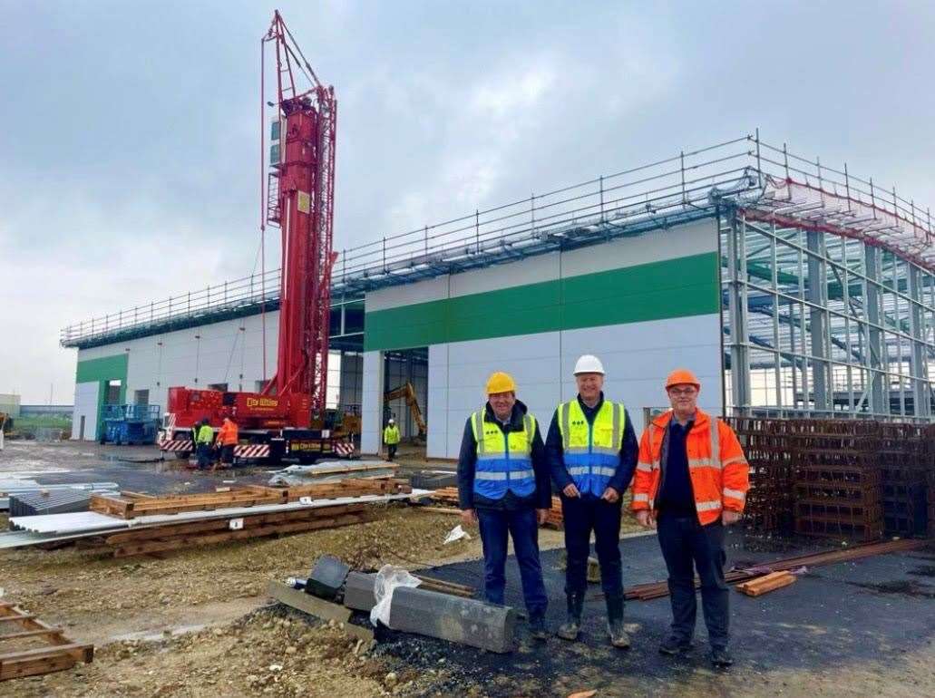 Medichem Properties executive chairman Tom Allsworth (centre) onsite being congratulated by Sittingbourne and Sheppey MP Gordon Henderson (left) together with Easylife’s director Rob Wise (right).