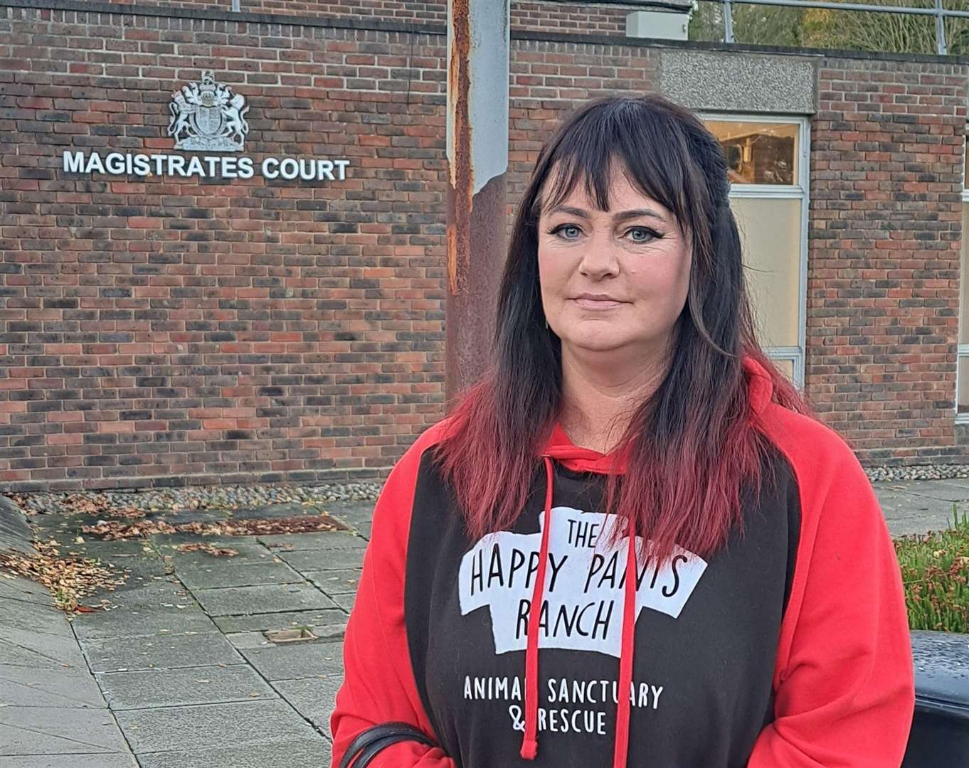 Amey James, from Happy Pants Ranch, outside Sevenoaks Magistrates Court. Picture: Megan Carr