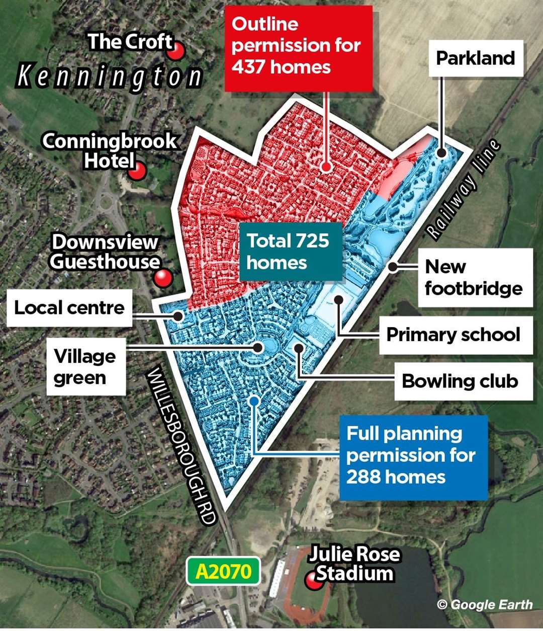 An overview of the Conningbrook Park site, showing which area has been fully approved and which has been allowed in principle