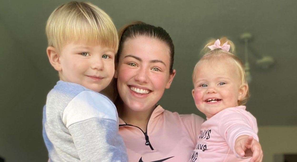 Amy Metcalfe with her two children Jimmy and Macie; the family live in Meadowsweet House in Hackfield, Ashford