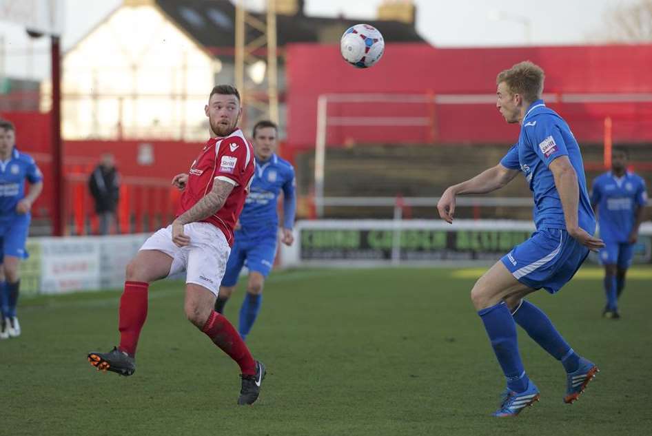 Ebbsfleet goalscorer Billy Bricknell helps the ball on (Pic: Andy Payton)
