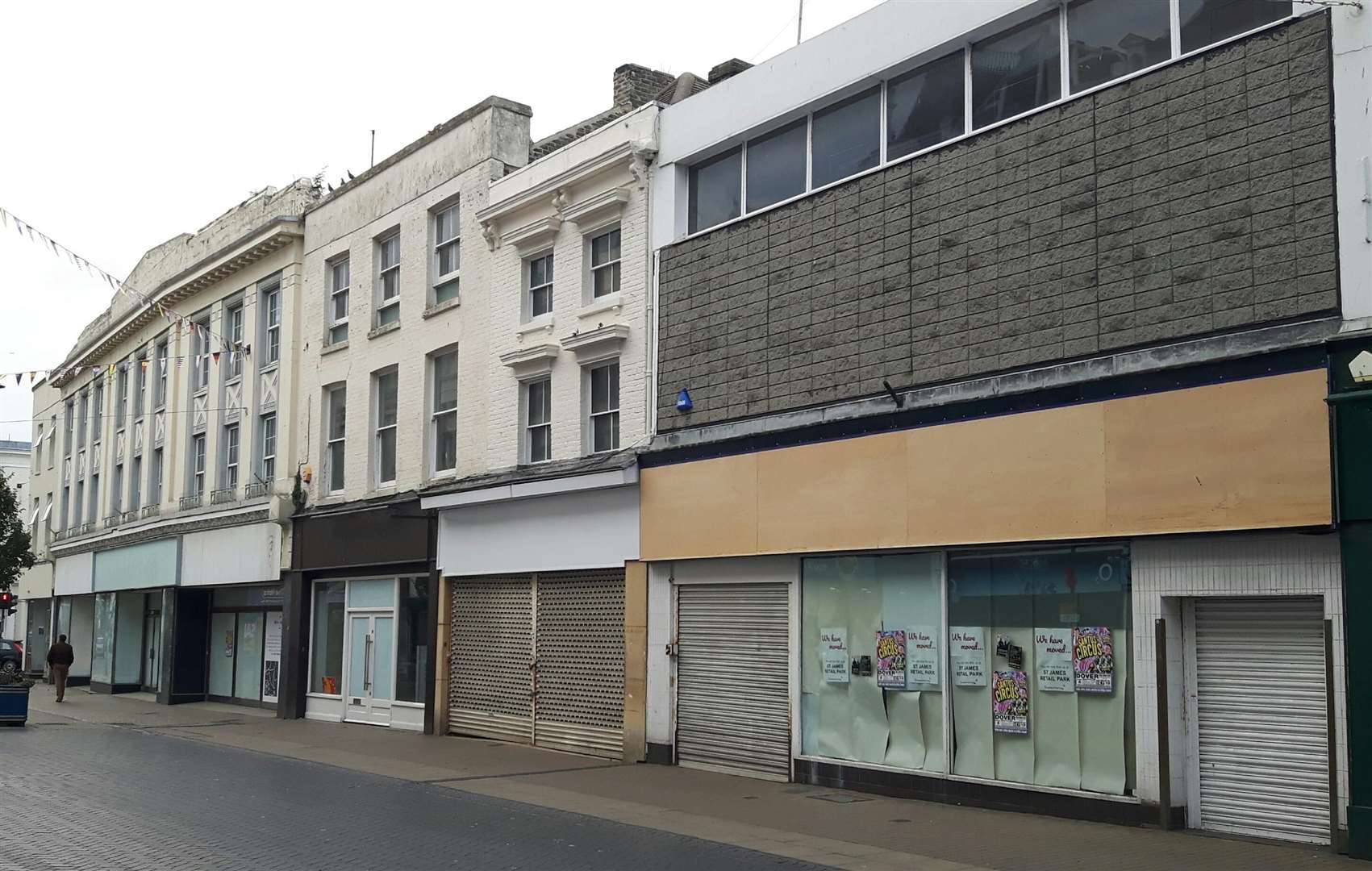 A row of five empty shops at Biggin Street, Dover