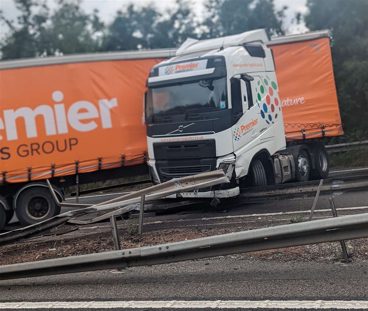 The HGV has damaged the central reservation