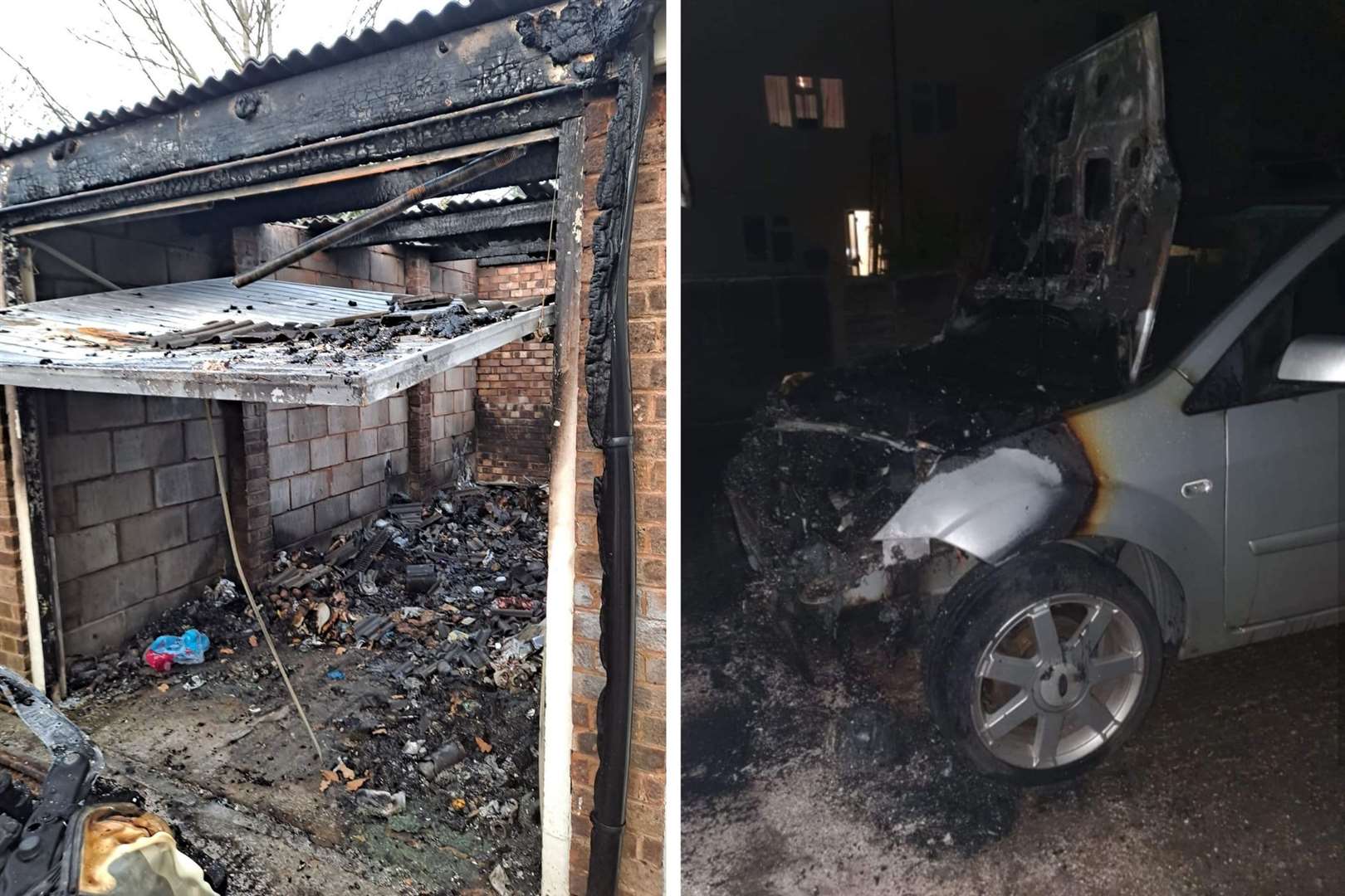 The damage done to the garage and a car in Willesborough
