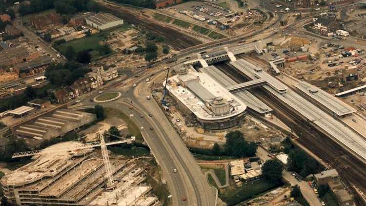 An aerial view of Ashford International station in 1995, with construction work underway