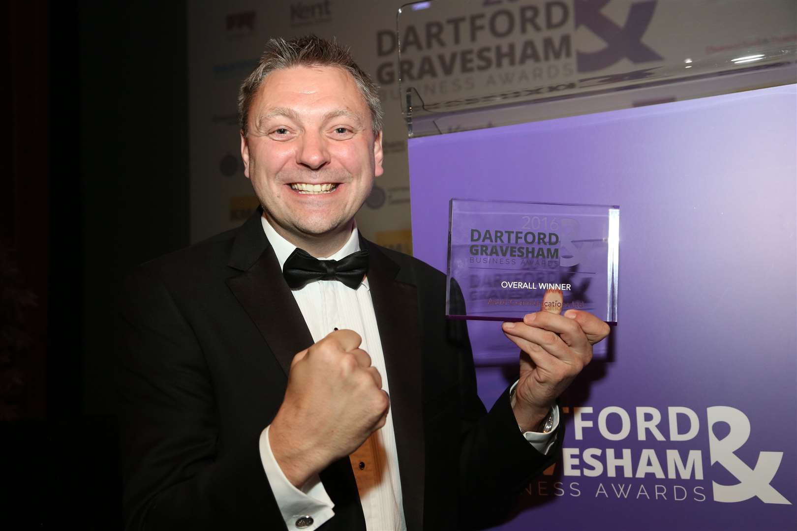 Astro Communications boss Steve Hodges celebrates victory at the Dartford and Gravesham Business Awards. Picture: Roger Vaughan