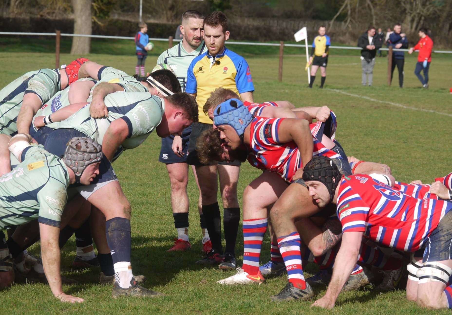 Tonbridge Juddians, right, and Cambridge engage at the scrum
