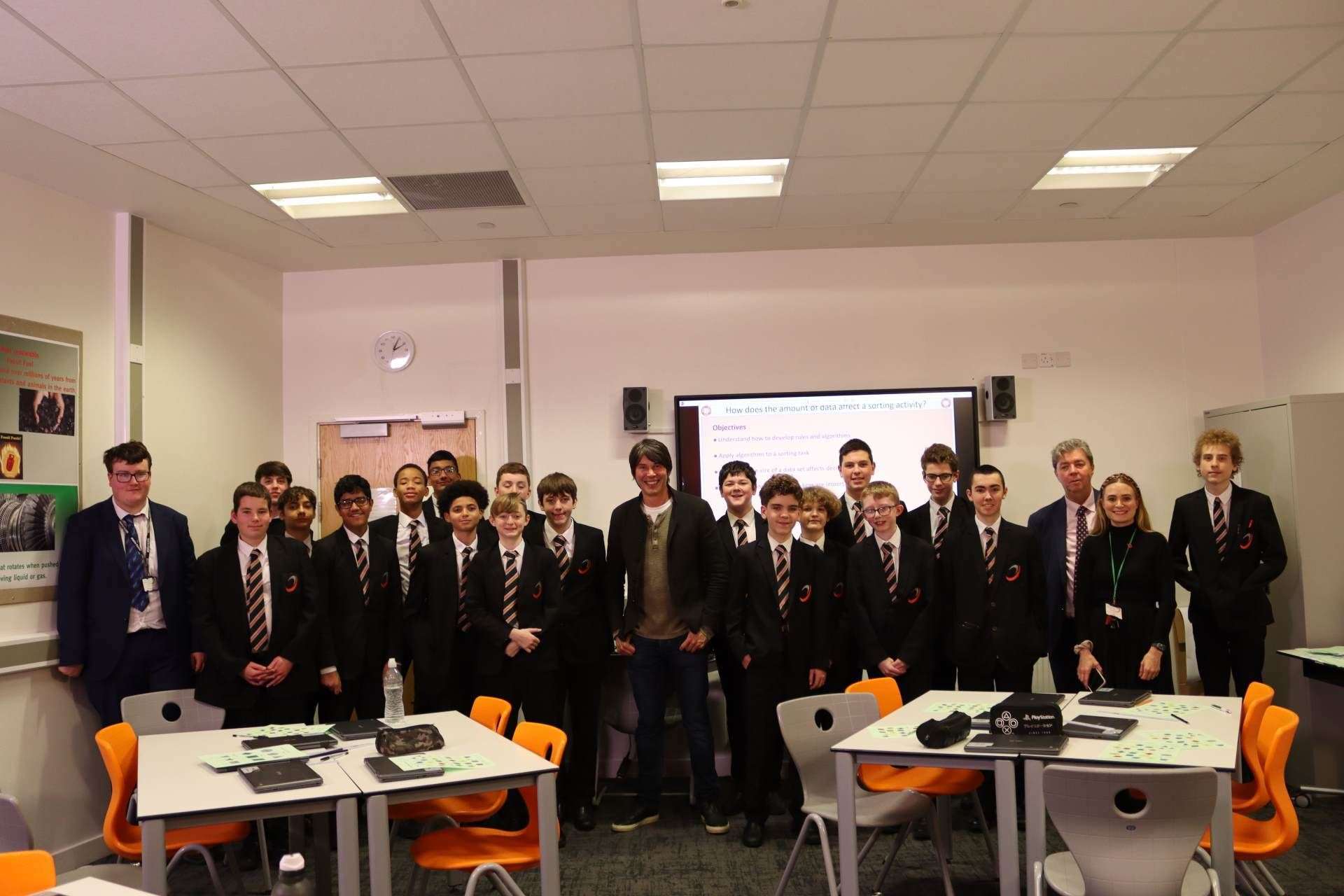 Professor Brian Cox with the year 9 class at Northfleet Technology College as he begins filming of his new show. Picture L Patla and A Ball