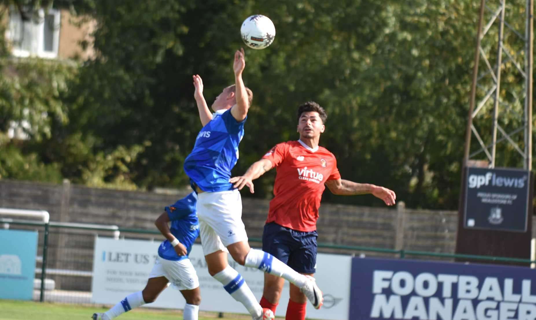 Ebbsfleet’s Toby Edser competes at Wealdstone on Saturday. Picture: Ed Miller/EUFC