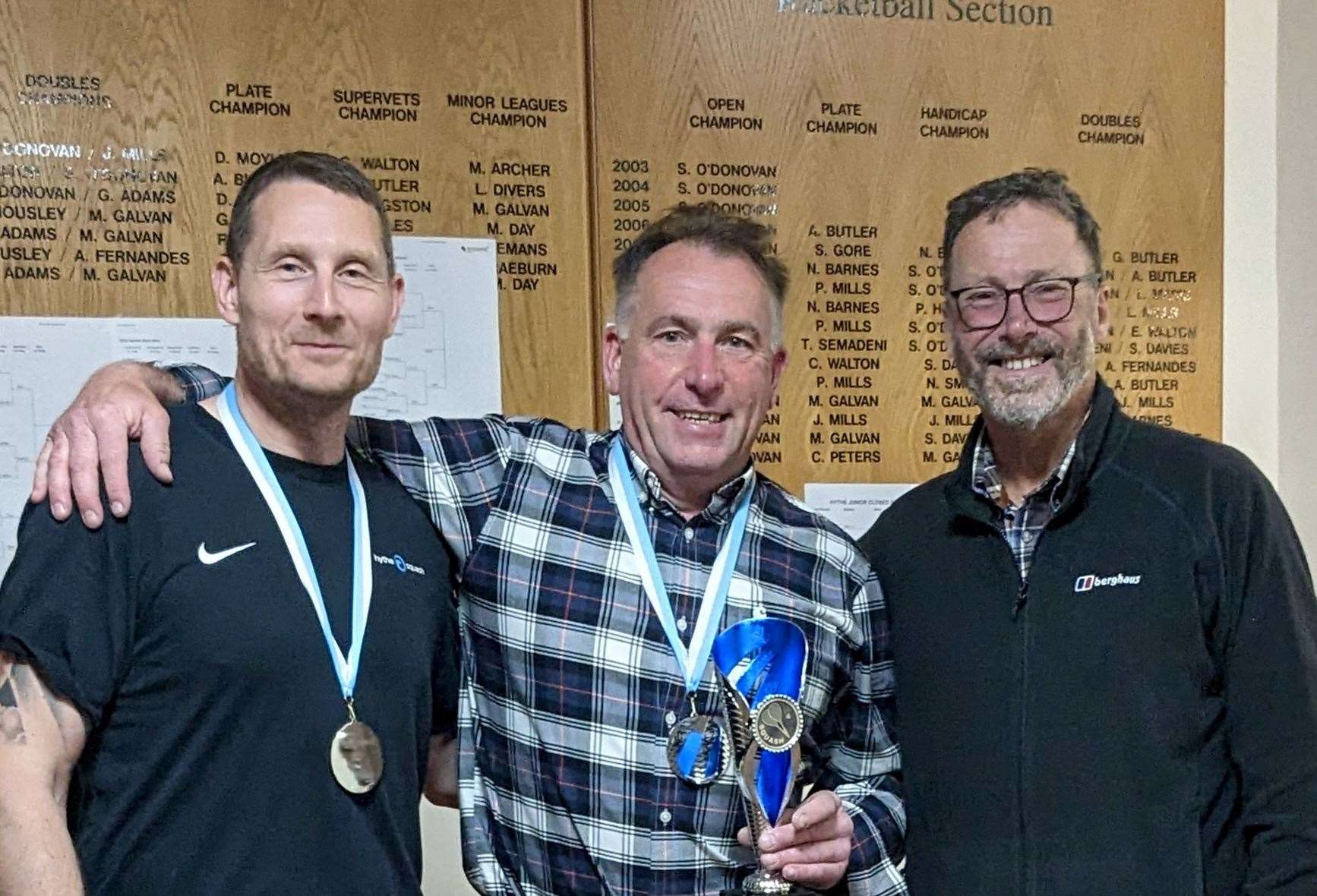 Left to right, event organiser Gary Hollamby, Handicap winner Darryl Moyle and Hythe Squash & Cricket Club's squash chairman Glenn Mousley