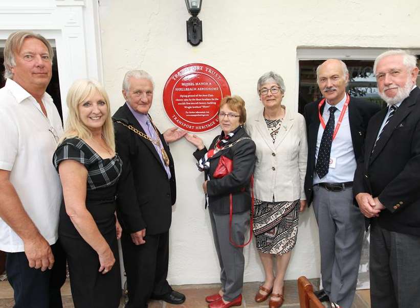 Terry and Sharon Munns, owners of Muswell Manor, Mayor and Mayoresss of Swale, Cllr George and Brenda Bobbin, Liz Walker, Stephen Robson of Charles Memorial Trust and Stuart Wilkinson, Trust Chairman of The Transport Trust at the unveiling of the plaque
