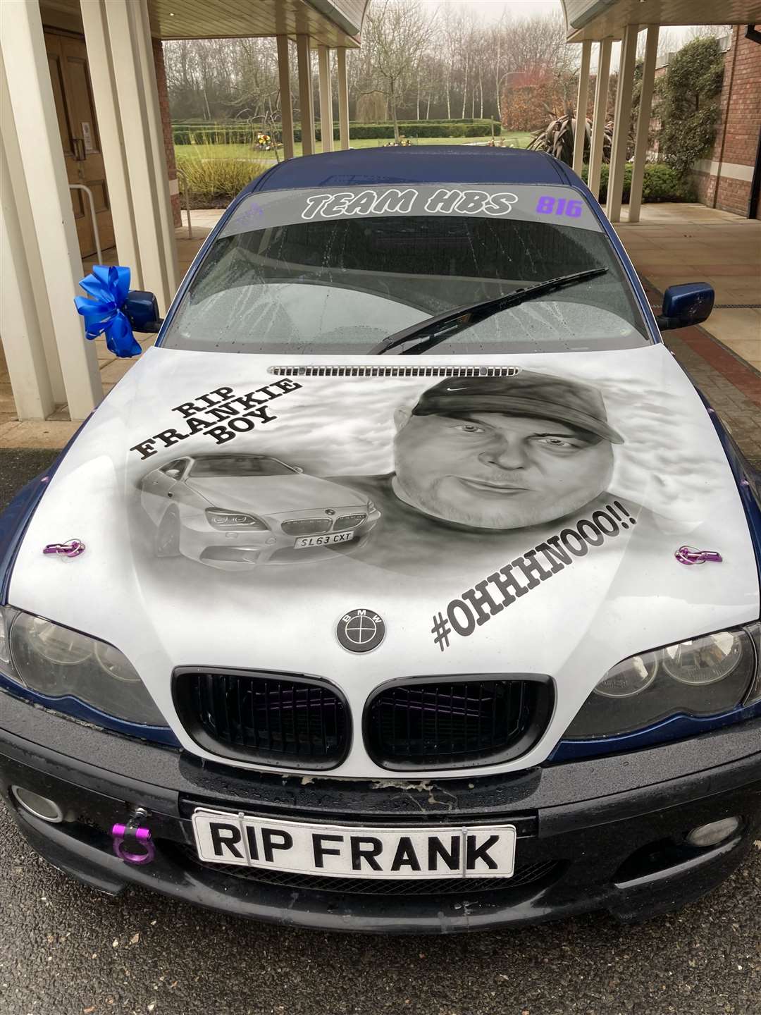 A bonnet tribute to car mad Frankie Wright at his funeral. Picture: John Nurden