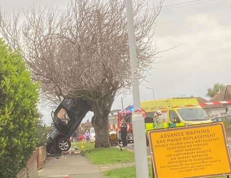 A car has hit a tree in Kent Gardens, Birchington-on-Sea. Picture: Lawrence Hall-Daniels