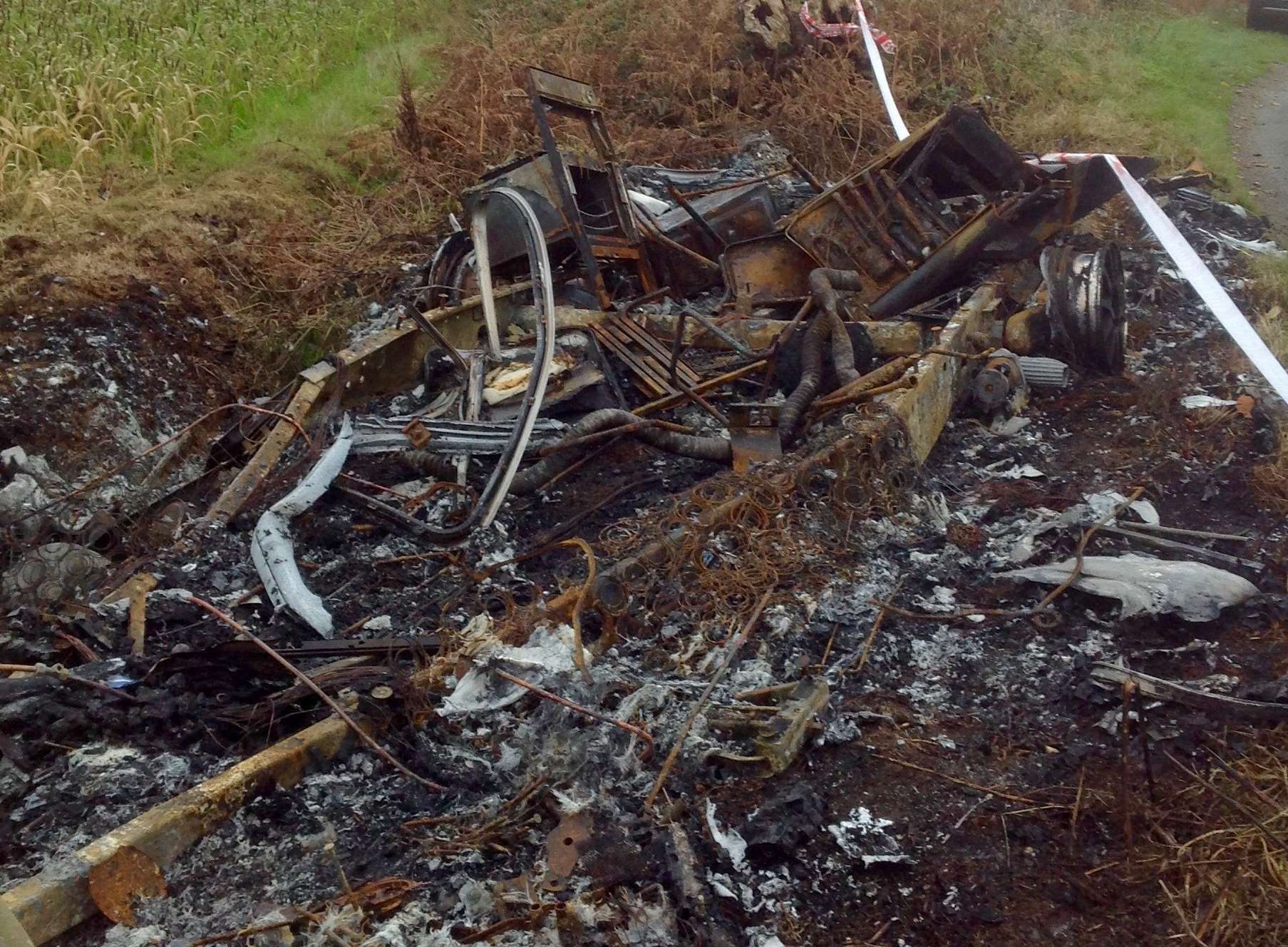 The Burnt wreckage of Linda Giddy's caravan in Hubbards Hill