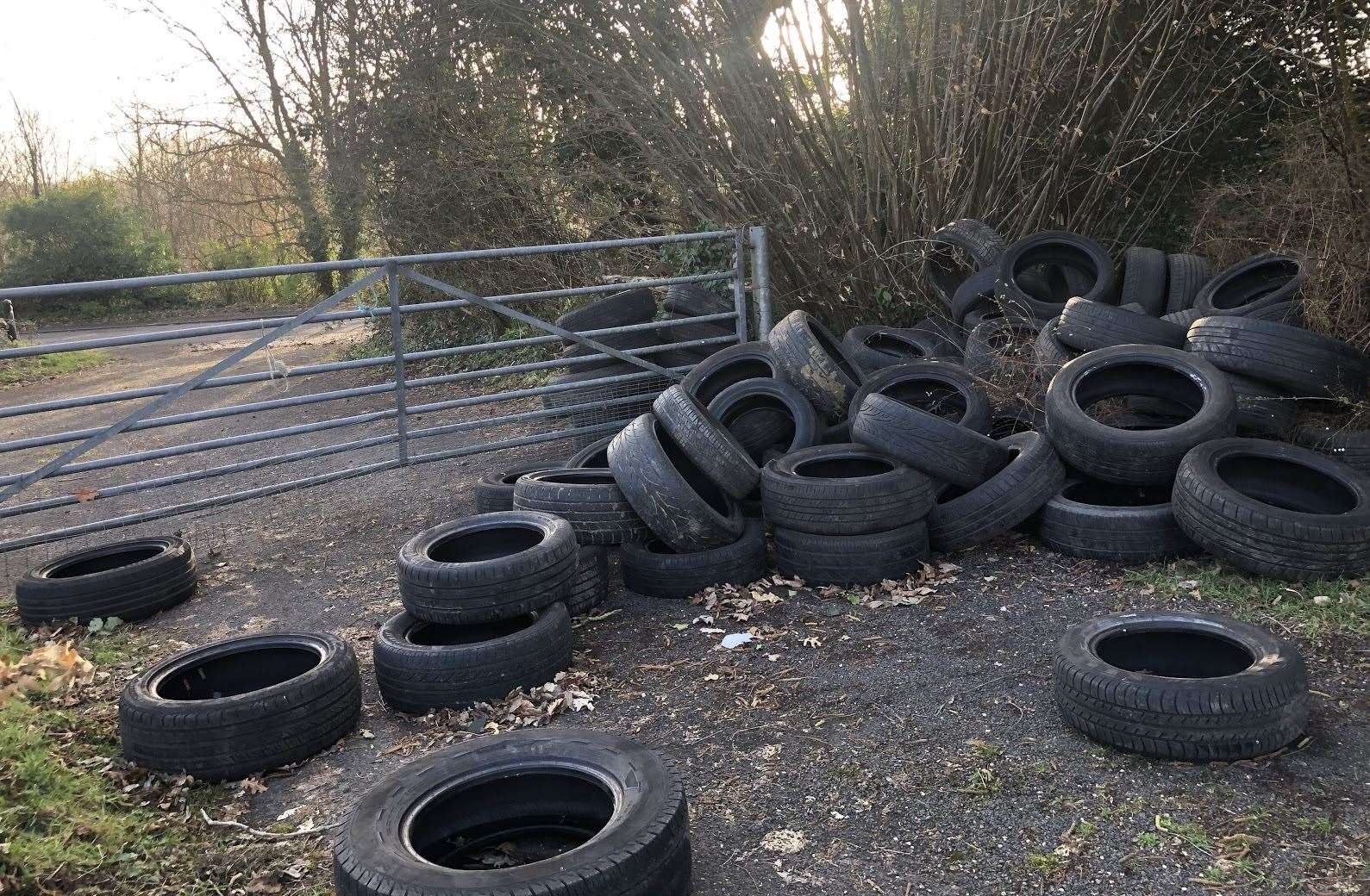 The mountain of tyres dumped on the drive in Upper Harbledown, near Canterbury